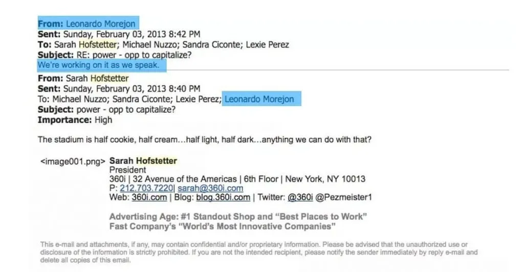 Internal Oreo email showing rapid response during Super Bowl blackout