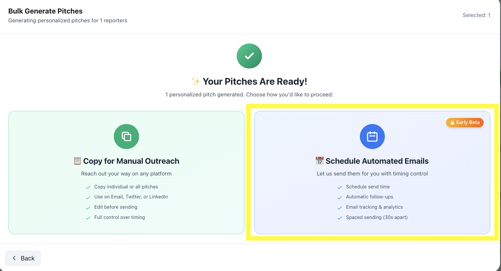 Bulk Generate Pitches modal showing two options: Copy for Manual Outreach and Schedule Automated Emails