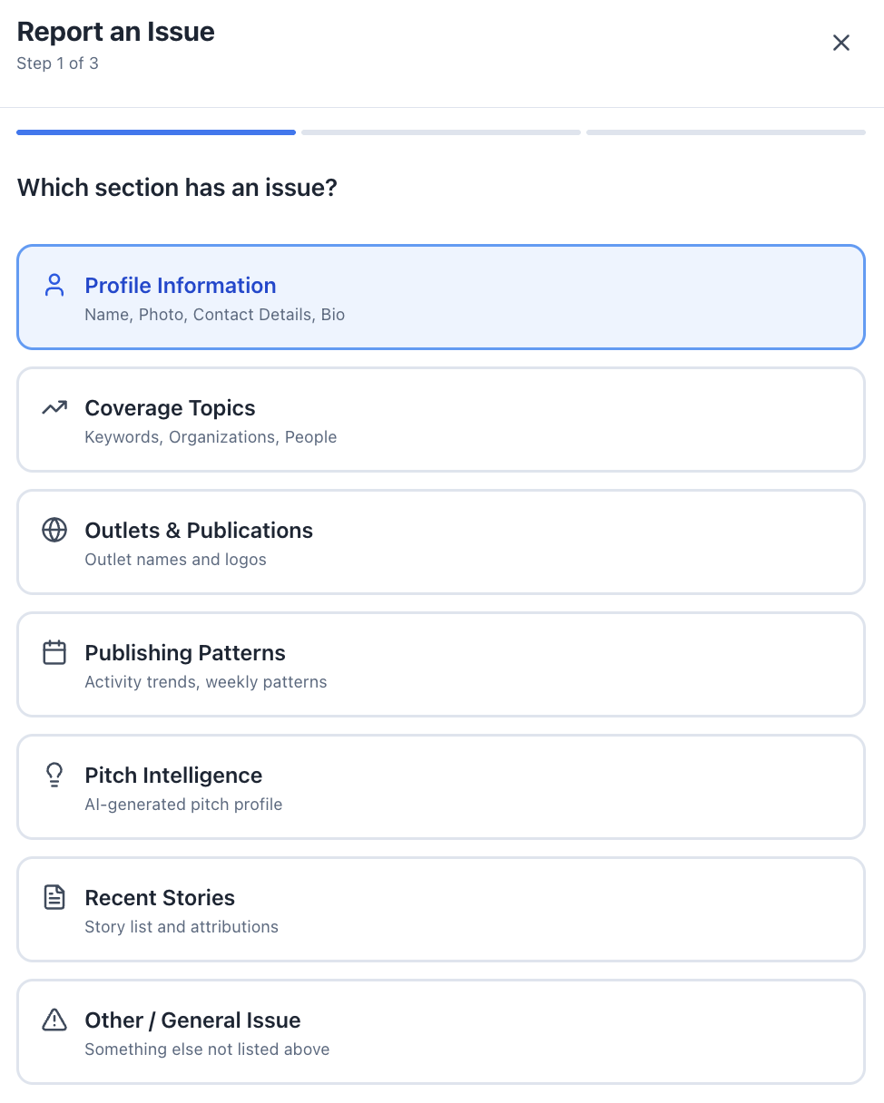 Screenshot showing the issue reporting modal with different categories