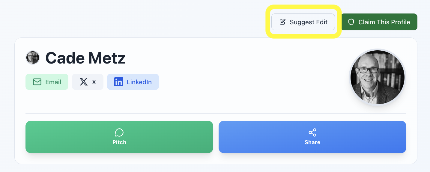 Screenshot showing the Suggest Edit button on a reporter profile page